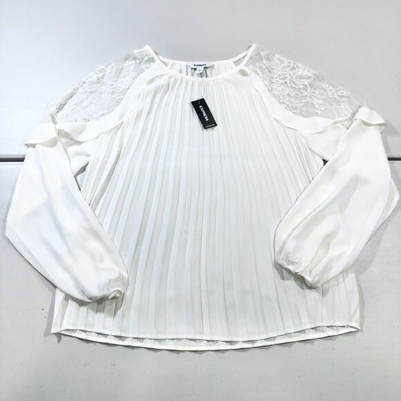 NWT Express Womens Sz S Ivory Floral Pleated Blouse Long Sheer Lace Sleeve - Picture 1 of 9